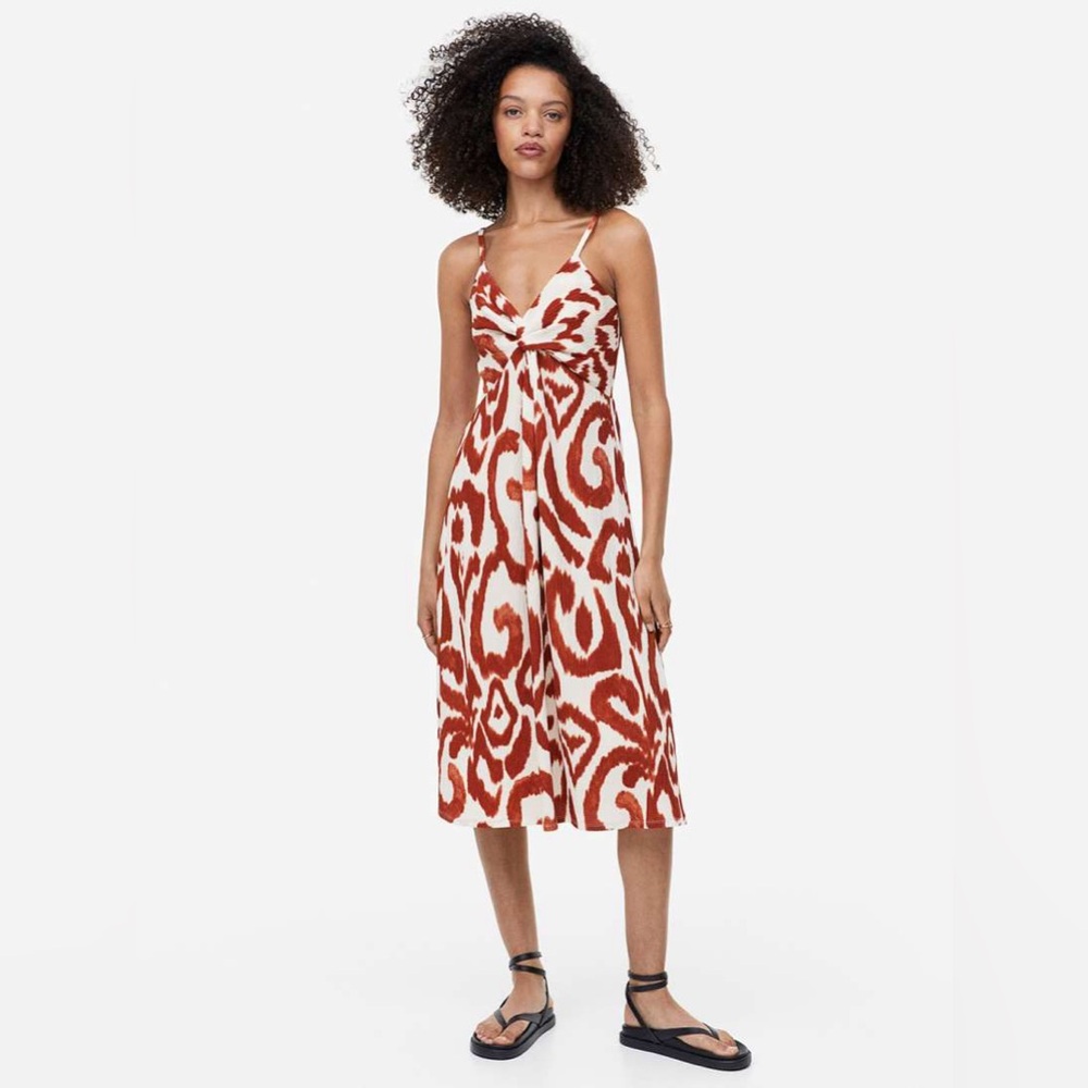 H&M Twist-Detail Dress - Cream and Brown Rust Print M